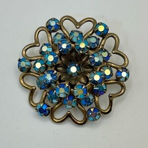 Vintage Brooch Pin Gold-Tone and AB or Blue Rhinestone